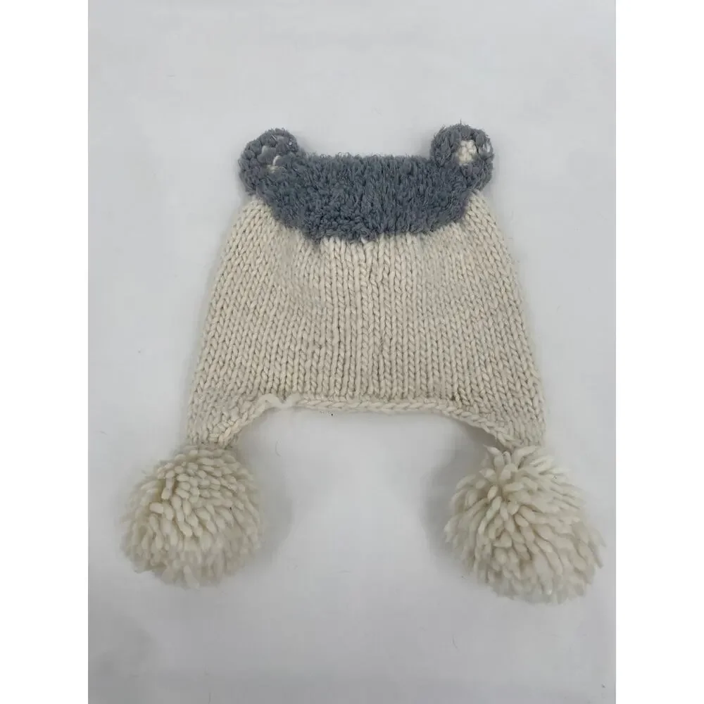 Mud Pie Toddler Knit Winter Hat Grey Fox Size 2t-5t Pom Pom Ear Flaps